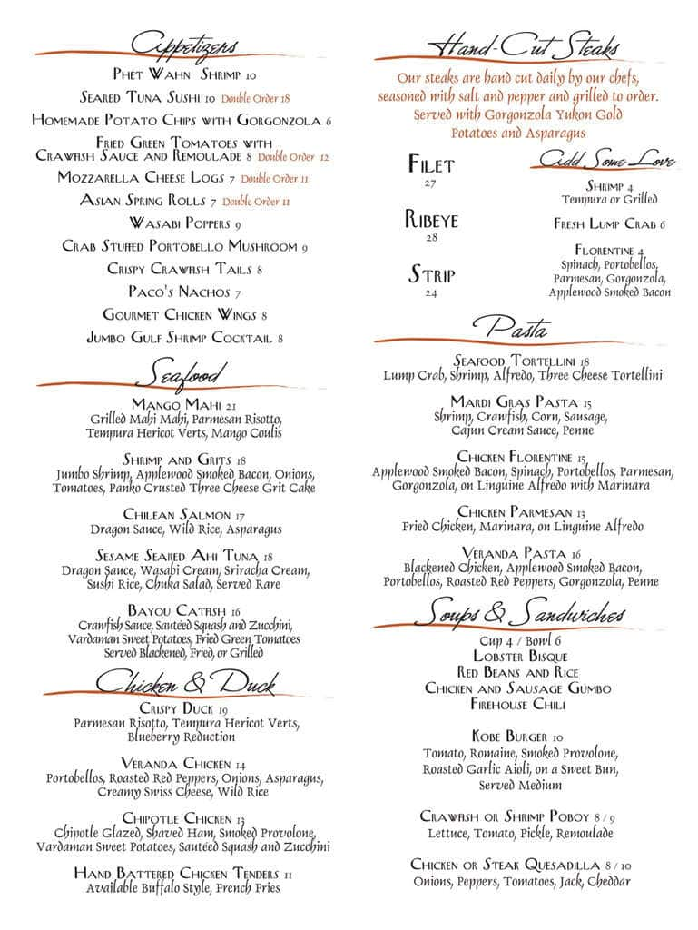 The Veranda Menu, Menu for The Veranda, Starkville, Starkville ...