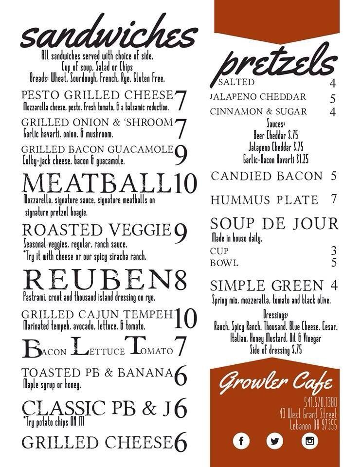 Growler Cafe Menu, Menu for Growler Cafe, Lebanon, Lebanon Urbanspoon