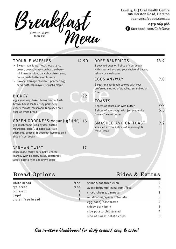 Menu at Dose cafe, Herston, 288 Herston Rd
