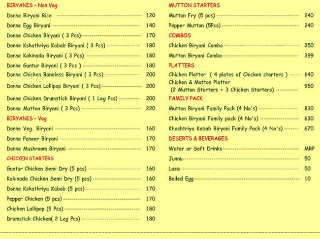 Menu Of Chickpet Donne Biryani House, Miyapur, Hyderabad