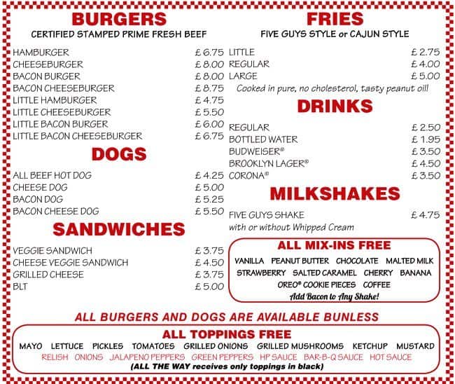Menu At Five Guys Fast Food London 9 11 Villiers St