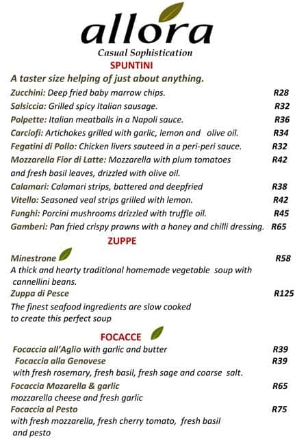 Allora Menu, Menu for Allora, Franschhoek, Cape Town - Zomato SA