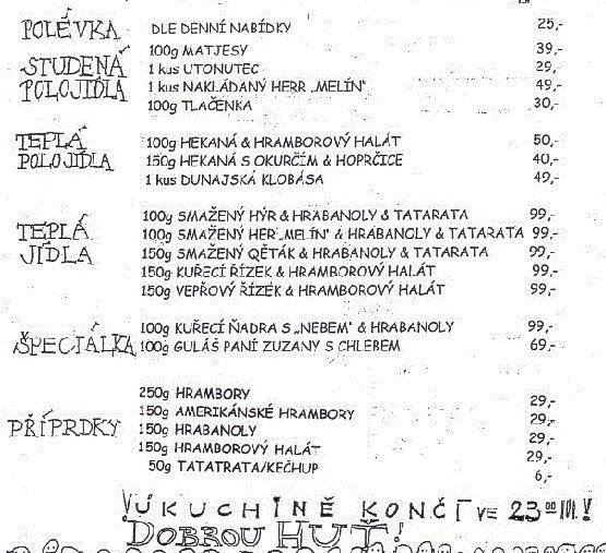 Menu At U Vystrelenyho Oka Pub Bar Prague