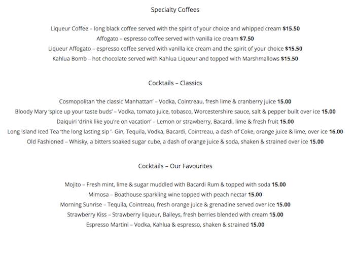 Menu at Studley Park Boathouse cafe, Kew, Studley Park Boathouse