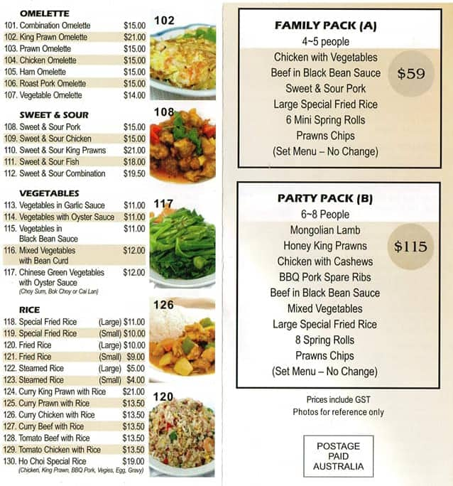 Menu at Ho Choi restaurant, Moorooka