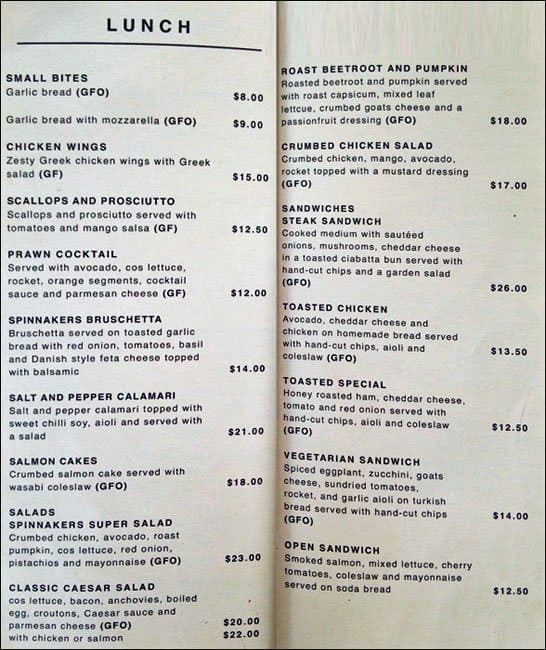 Menu at Spinnakers Restaurant, Hillarys