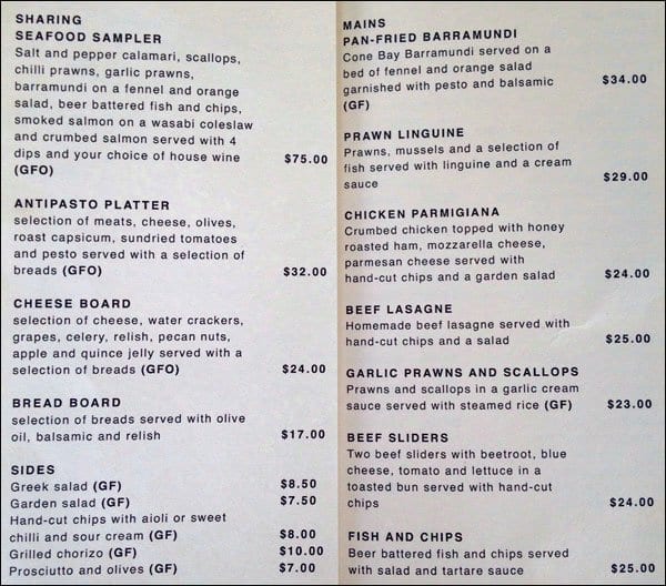 Menu at Spinnakers Restaurant, Hillarys