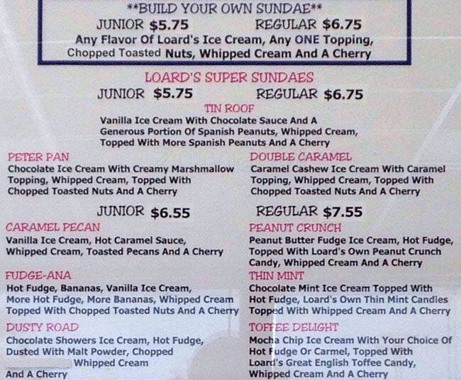 Loard's Ice Cream Menu, Menu for Loard's Ice Cream, Lafayette