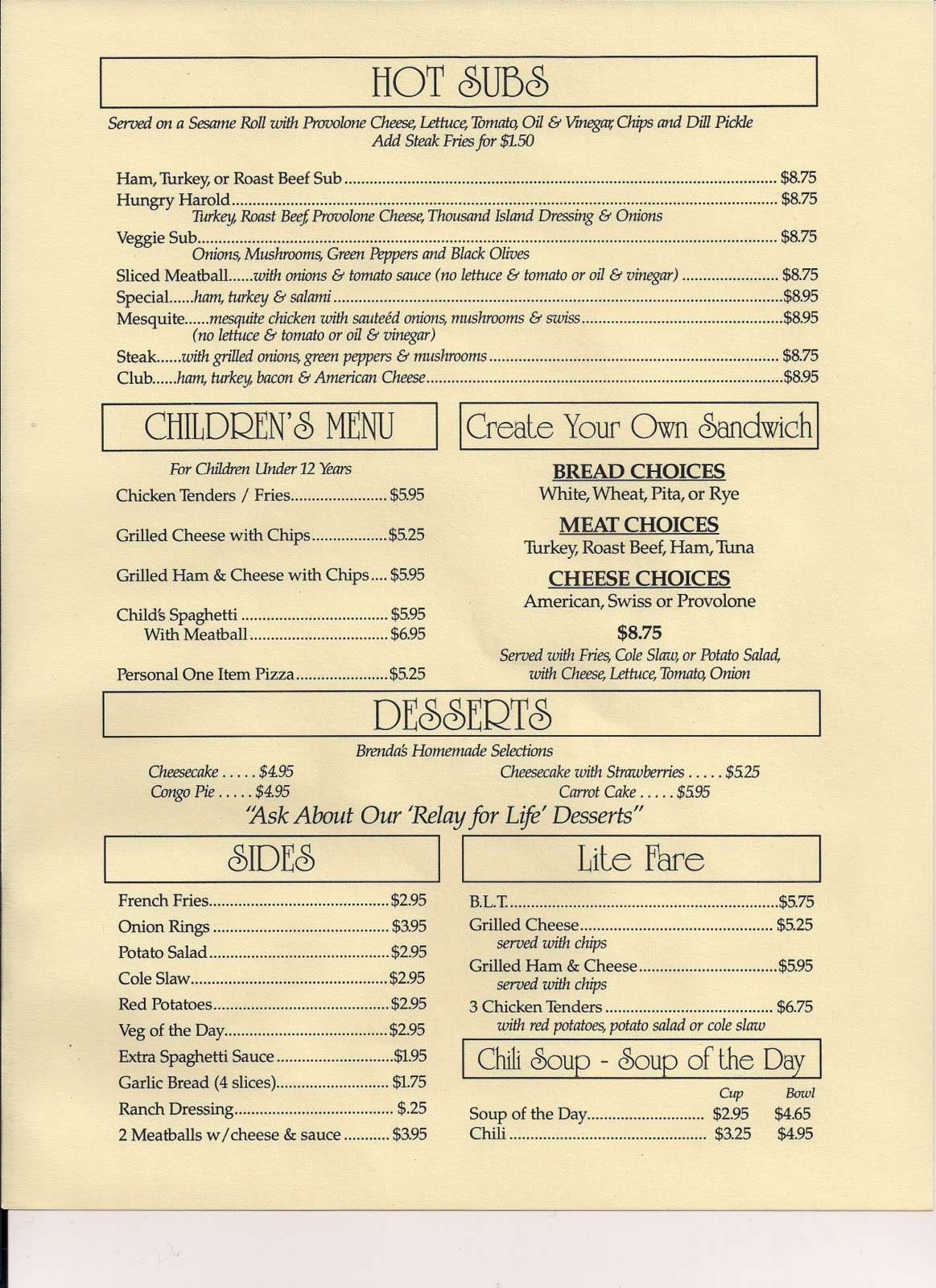 Menu at Harold's pizzeria, Virginia Beach