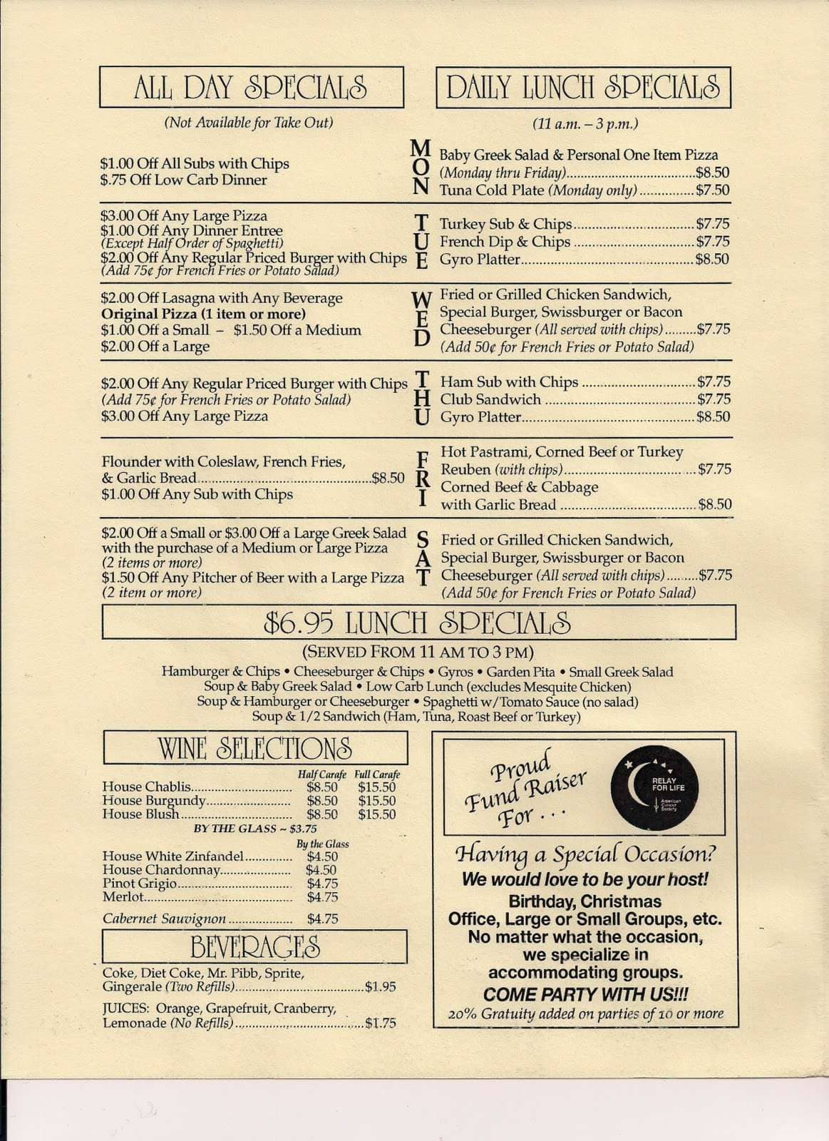 Menu at Harold's restaurant, Virginia Beach