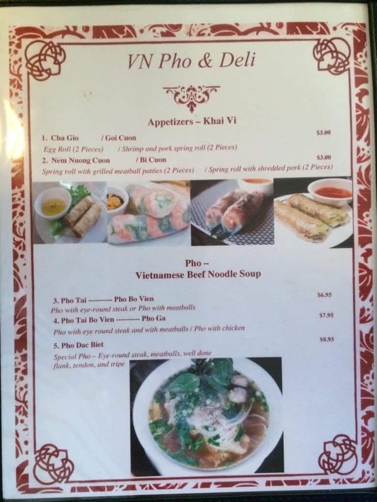Menu at VN Pho & Deli restaurant, Nashville