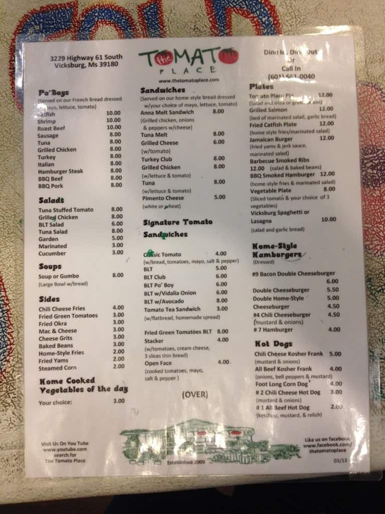 Menu at The Tomato Place pub & bar, Vicksburg