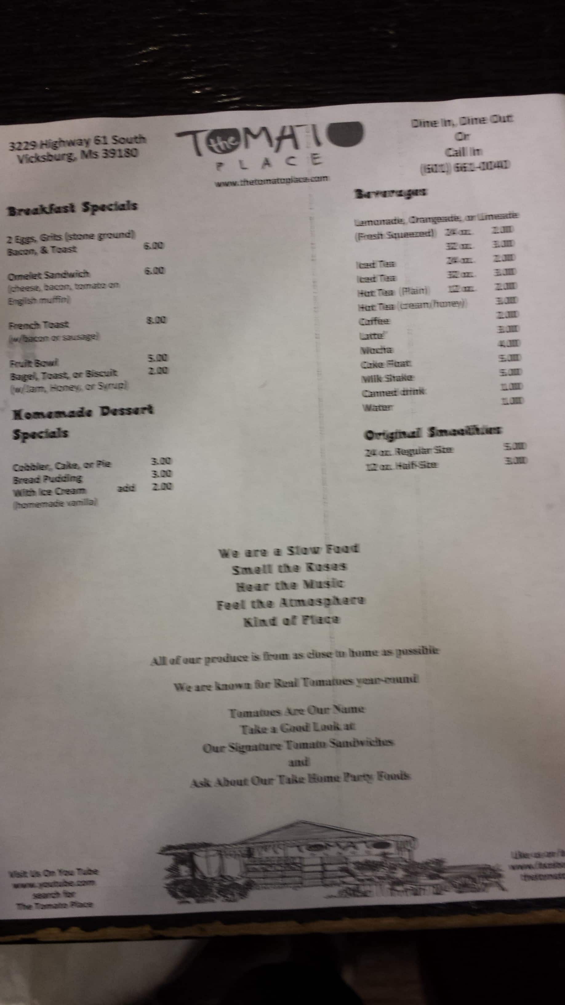 Menu at The Tomato Place pub & bar, Vicksburg