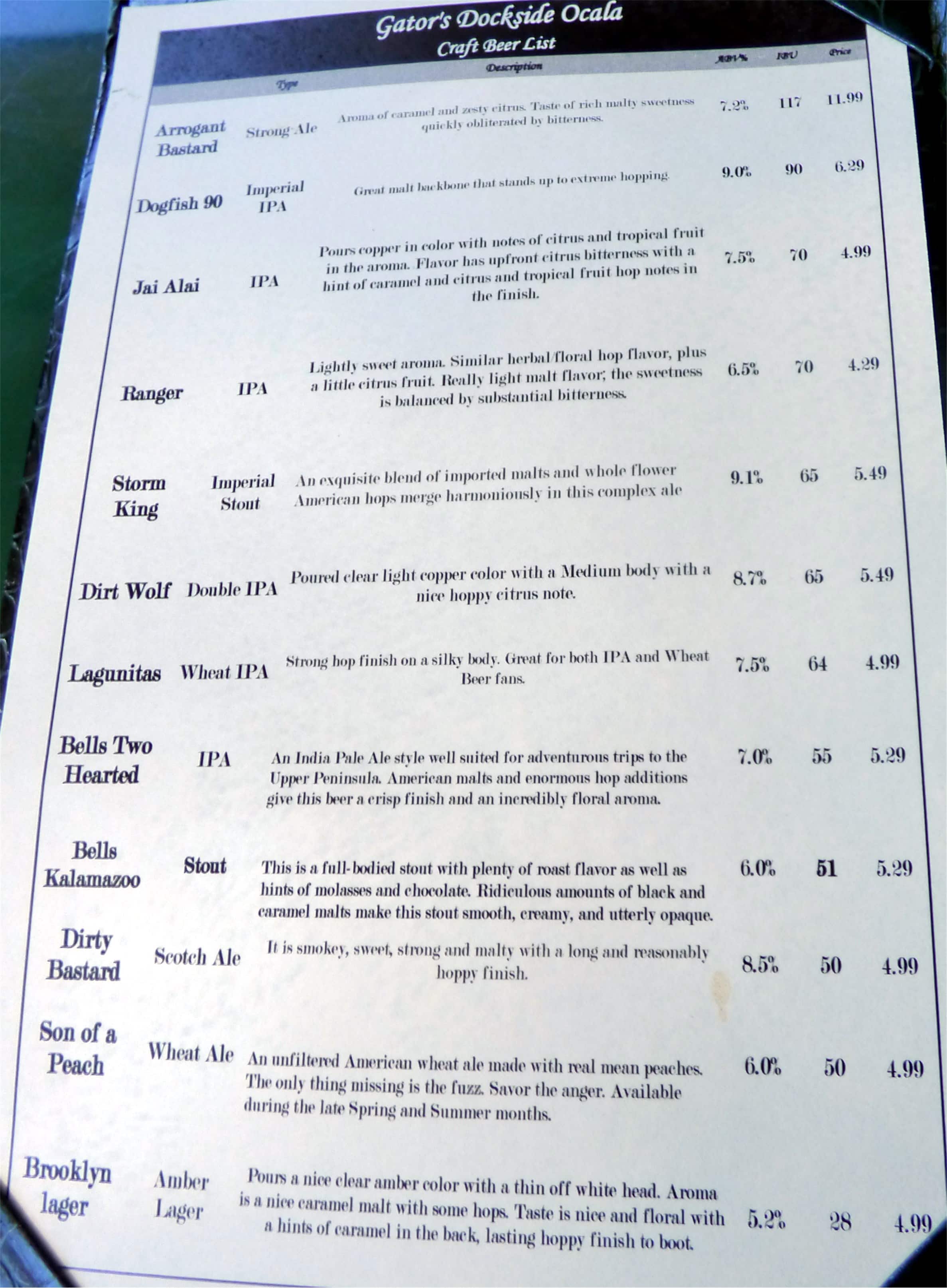 Menu at Gator's Dockside pub & bar, Ocala