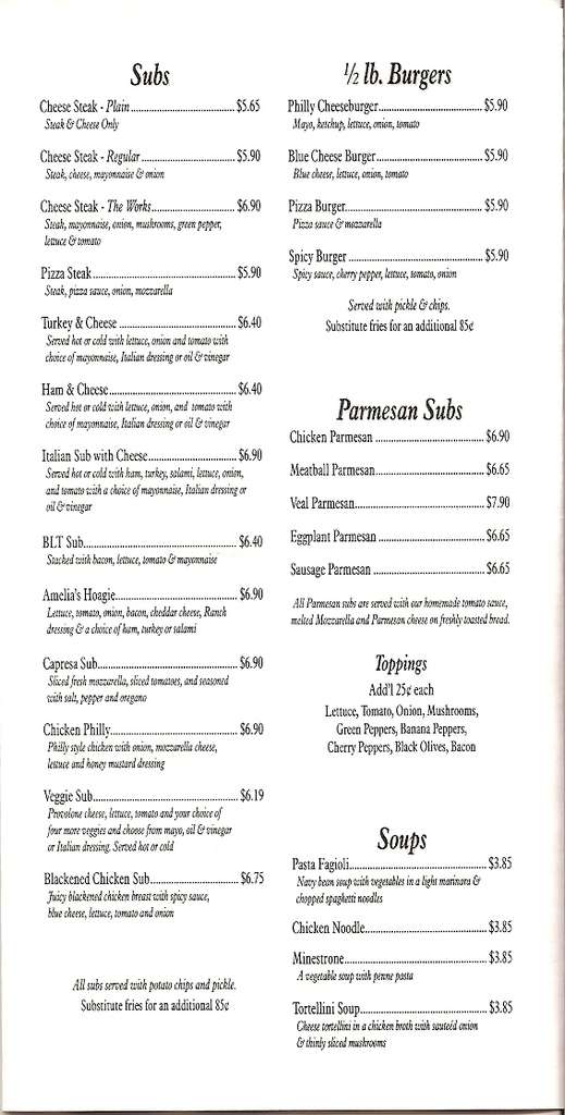 Menu at Amelia's Pizzeria & Restaurant, Christiansburg