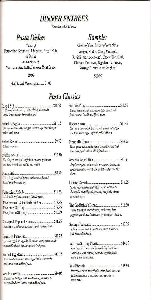 Menu at Amelia's Pizzeria & Restaurant, Christiansburg