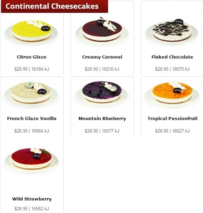 Menu at The Cheesecake Shop restaurant, Prospect