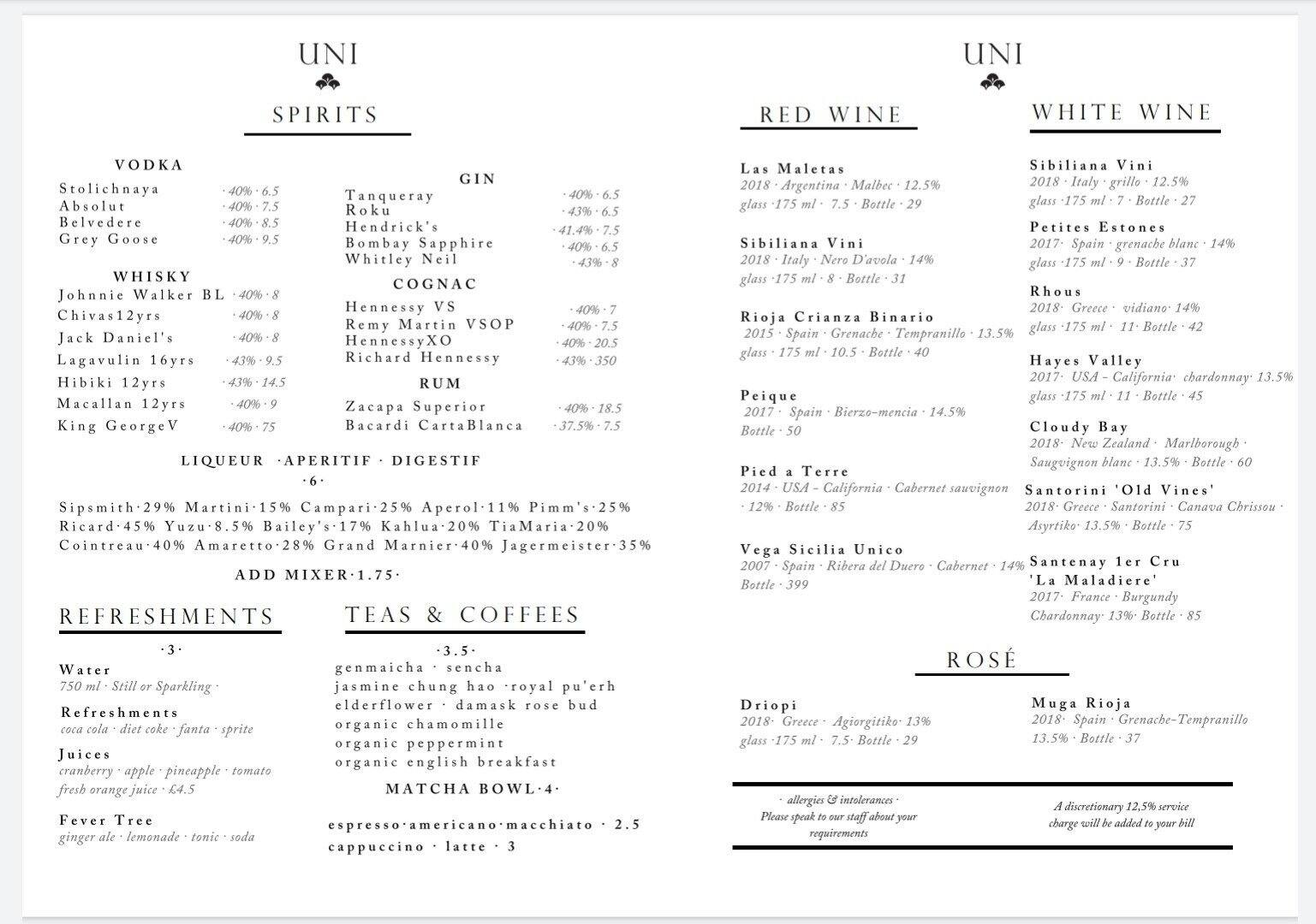 UNI London Restaurant menu