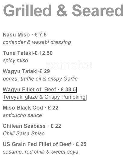 UNI London Restaurant menu