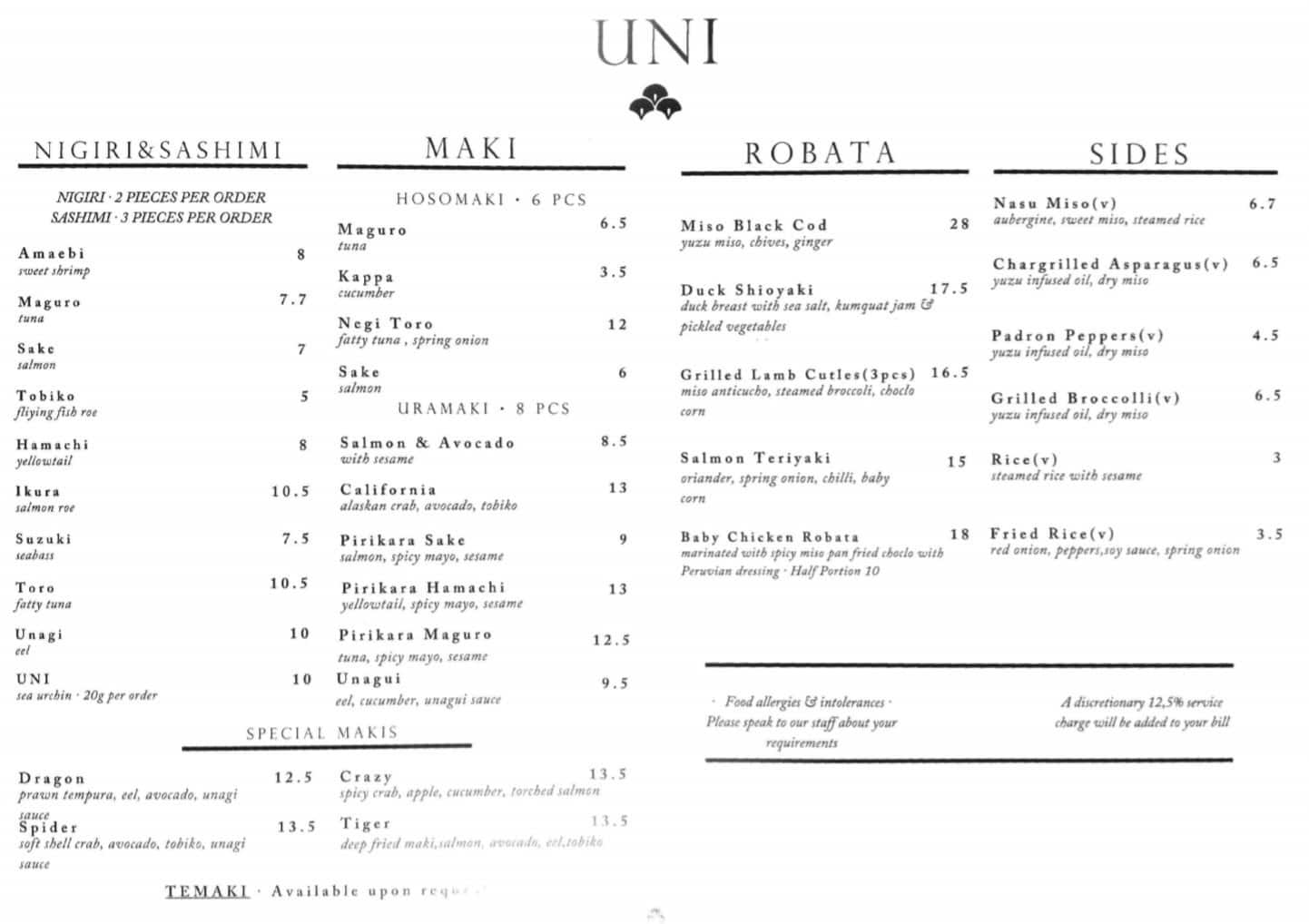 UNI London Restaurant menu