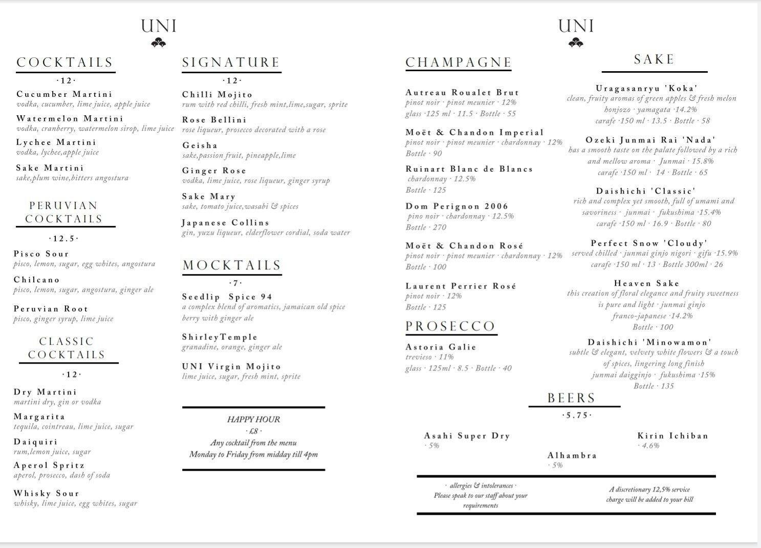 UNI London Restaurant menu