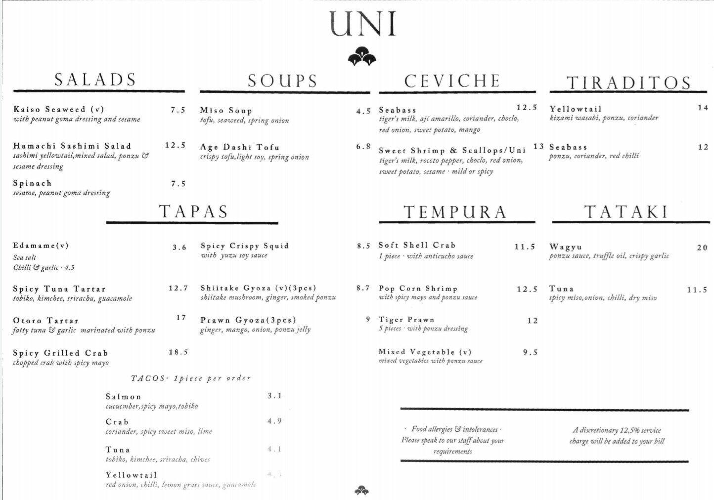UNI London Restaurant menu