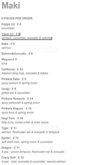 UNI London Restaurant menu