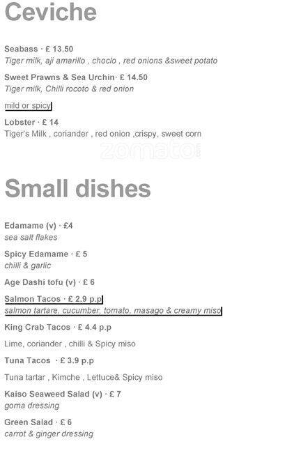 UNI London Restaurant menu