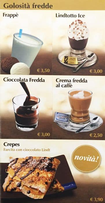 Menu at Lindt cafe, Rome, Via della Maddalena 12