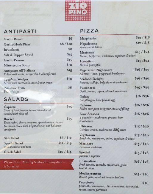 Zio Pino Pizzeria Menu, Menu for Zio Pino Pizzeria, Mascot, Sydney