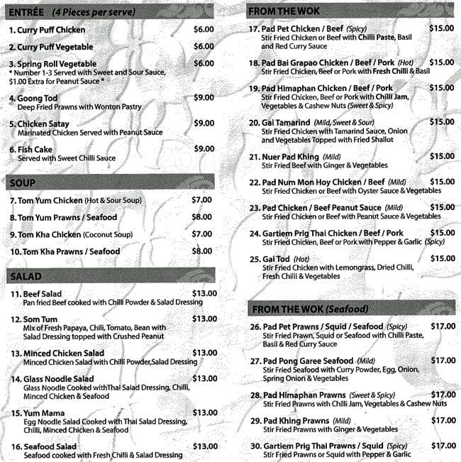 Thai Saffron Menu, Menu untuk Thai Saffron, Hawthorn, Melbourne