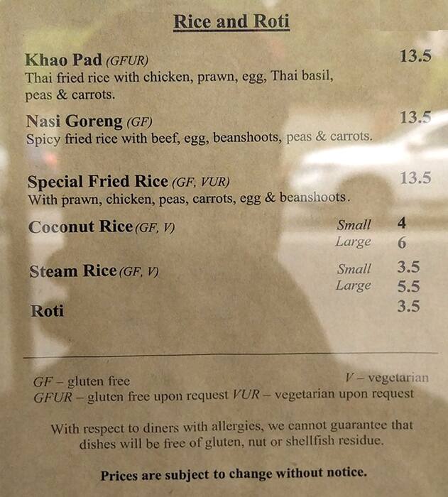 Menu at Kerabu restaurant, Glen Iris