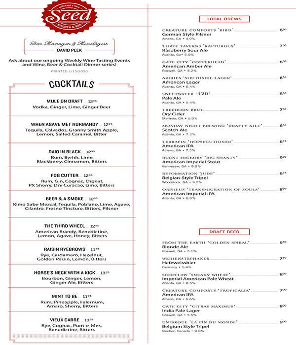 Seed Kitchen Bar Menu Menu For Seed Kitchen Bar Marietta Atlanta