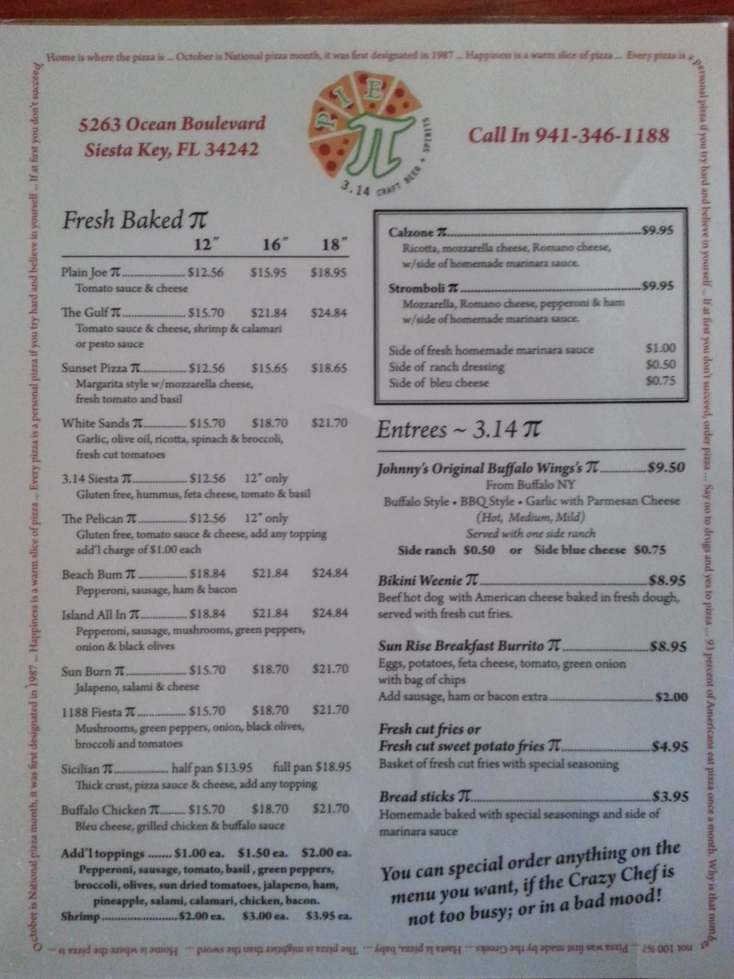 Pizza 3.14 Menu, Menu for Pizza 3.14, Siesta Key, Tampa Bay