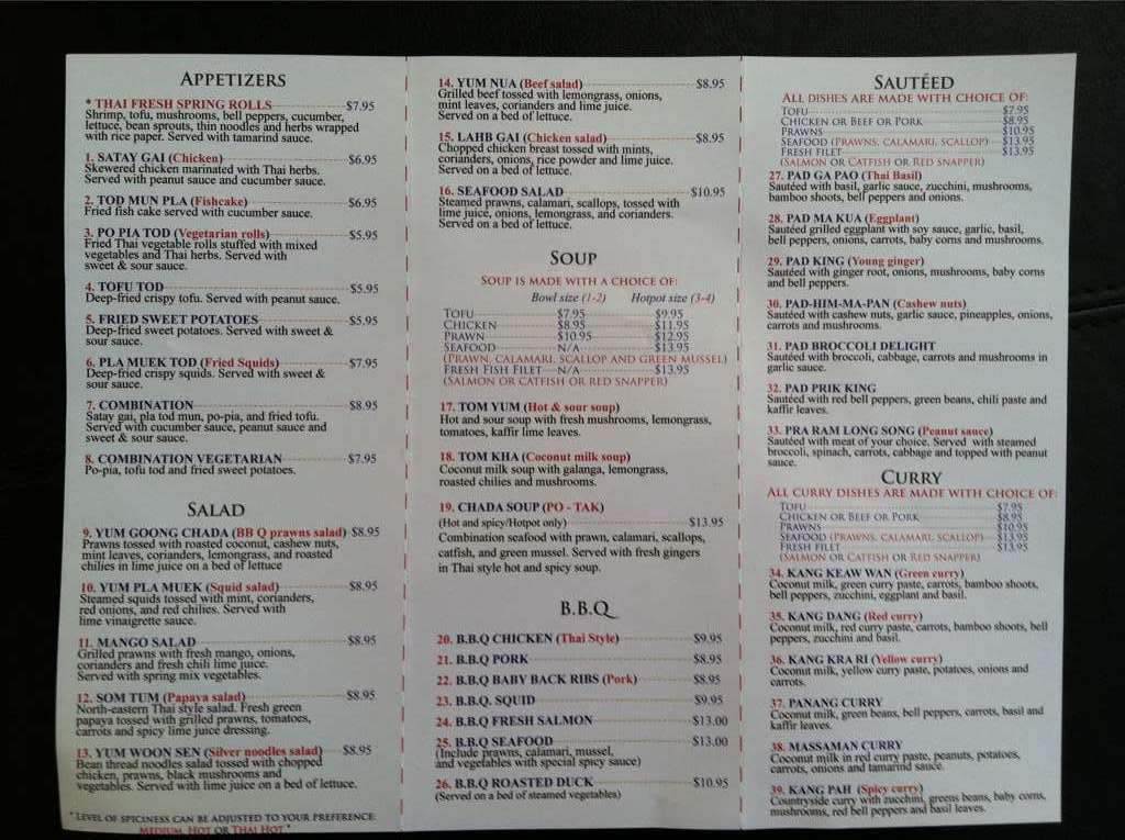 Chada thai cuisine a sacramento foto del menu con prezzi urbanspoon