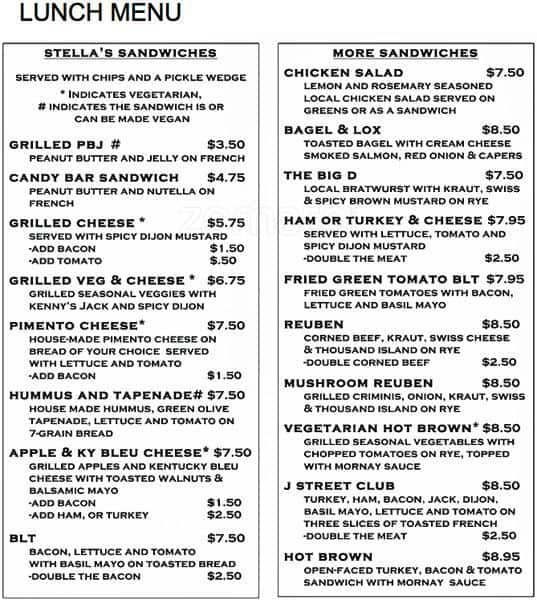 Menu at Stella's Kentucky Deli cafe, Lexington