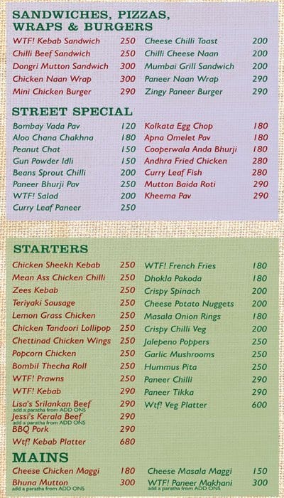 Wtf  Bungalows Andheri West Menu