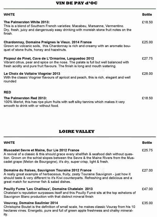 Menu at The Palmerston pub & bar, London, 91 Lordship Ln