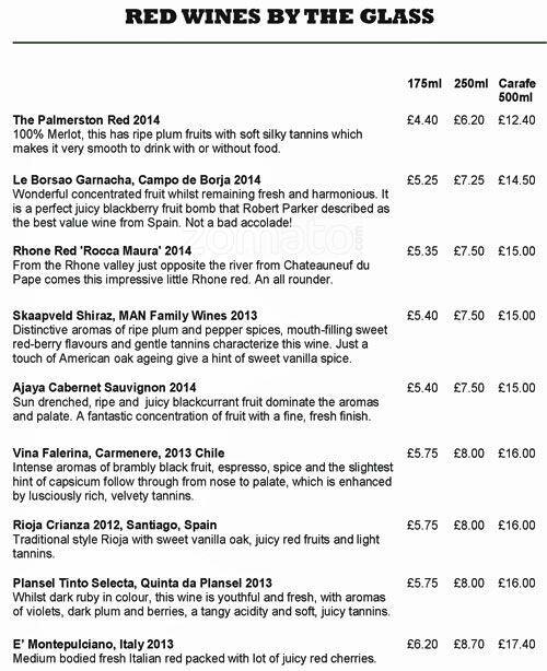 Menu at The Palmerston pub & bar, London, 91 Lordship Ln