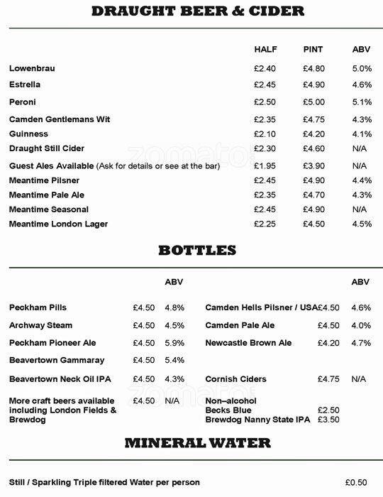 Menu at The Palmerston pub & bar, London, 91 Lordship Ln