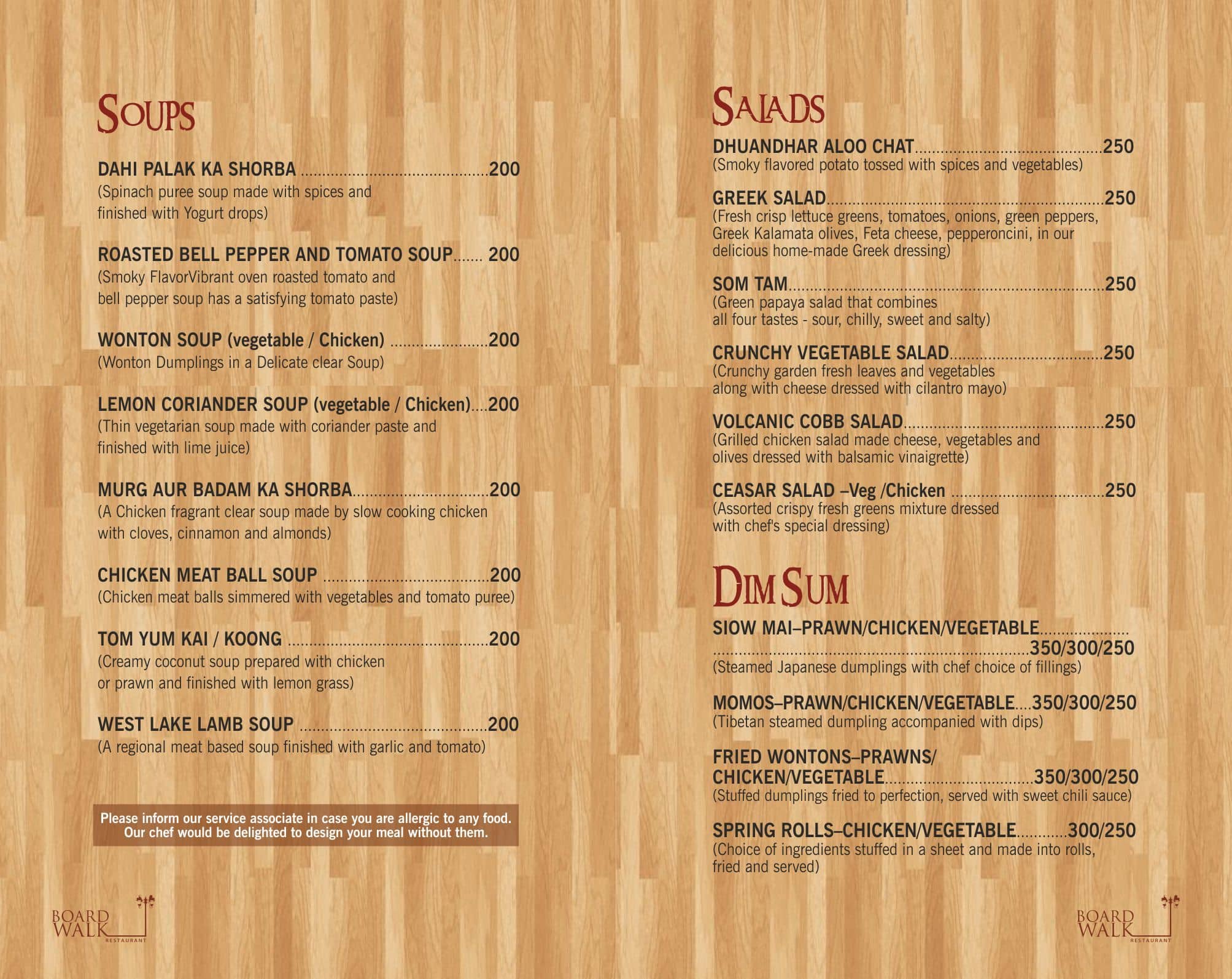 Board Walk The Restaurant menu