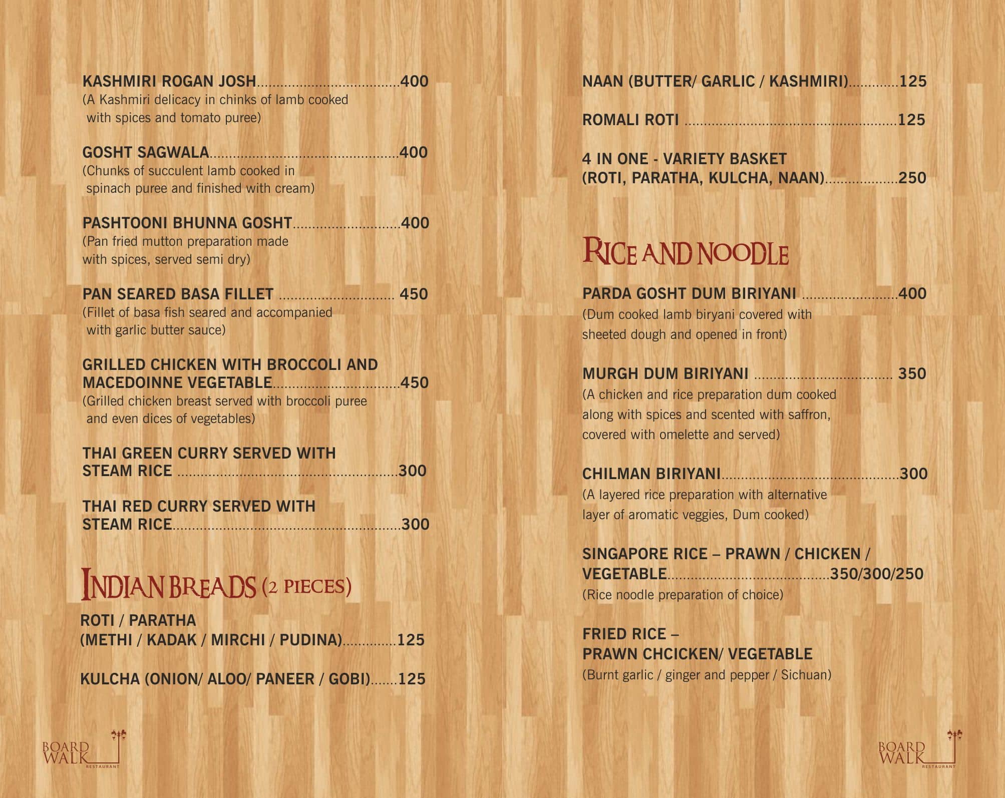 Board Walk The Restaurant menu
