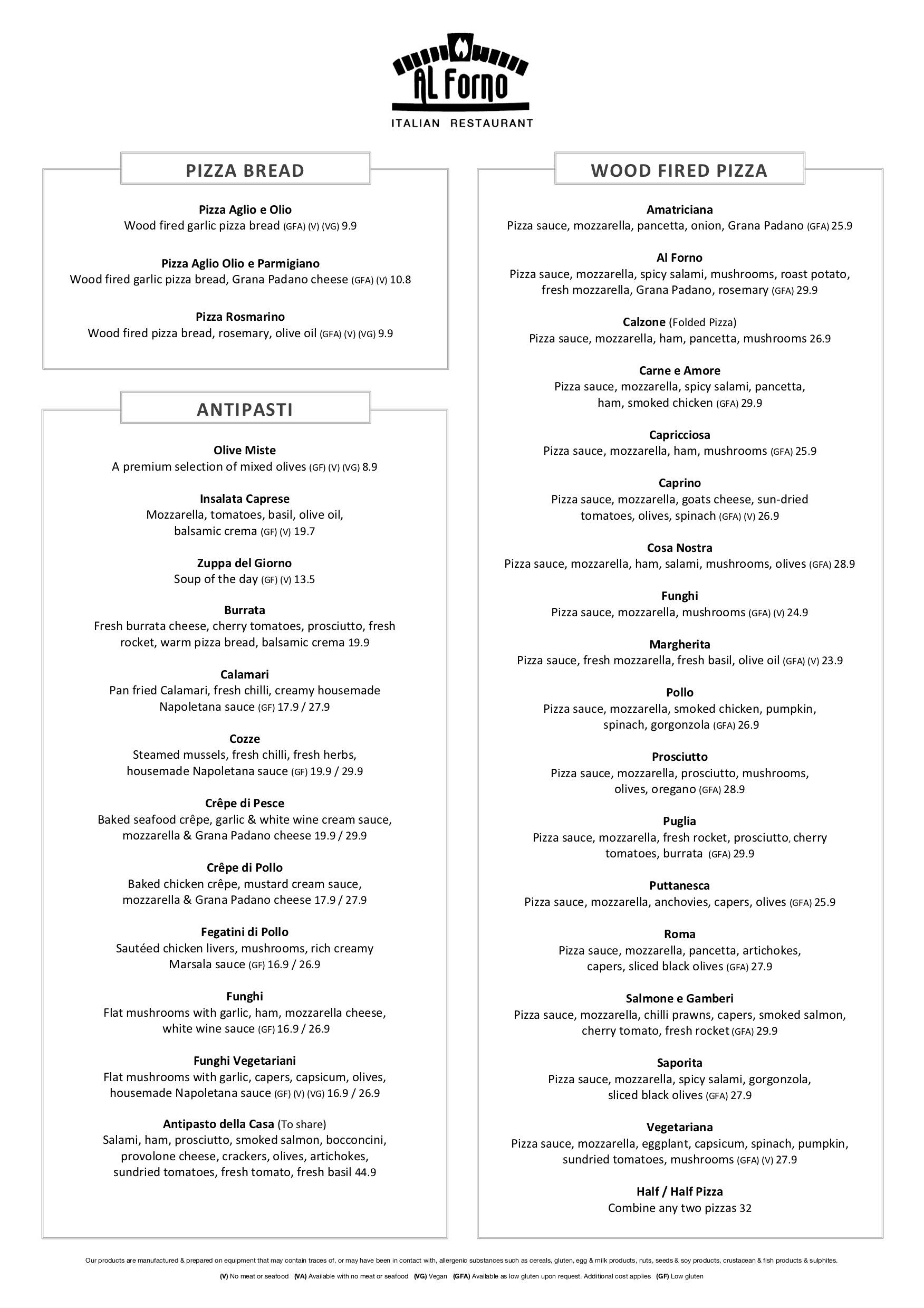 Al Forno Menu, Menu for Al Forno, Takapuna, Auckland