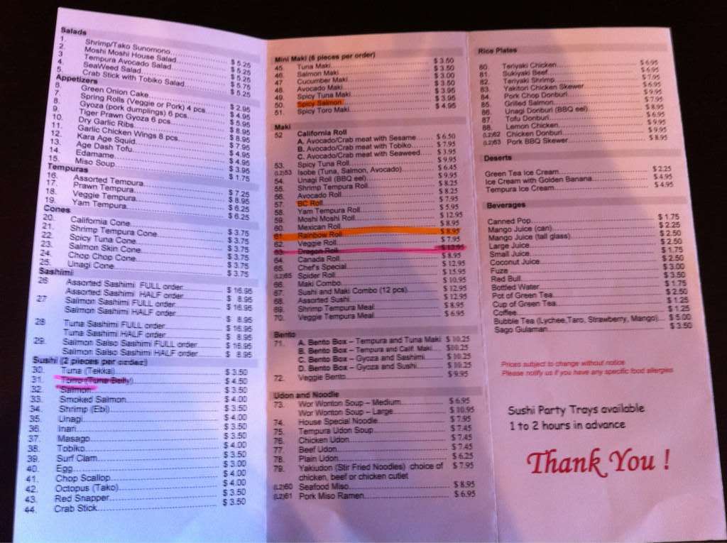 Moshi Moshi Menu, Menu for Moshi Moshi, Meadowlark, Edmonton