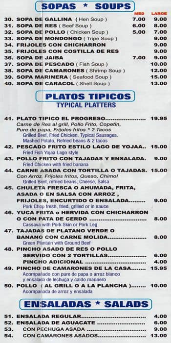 Carta de Progreso Honduras Restaurant