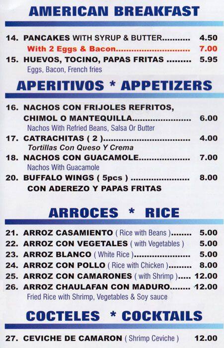 Carta de Progreso Honduras Restaurant
