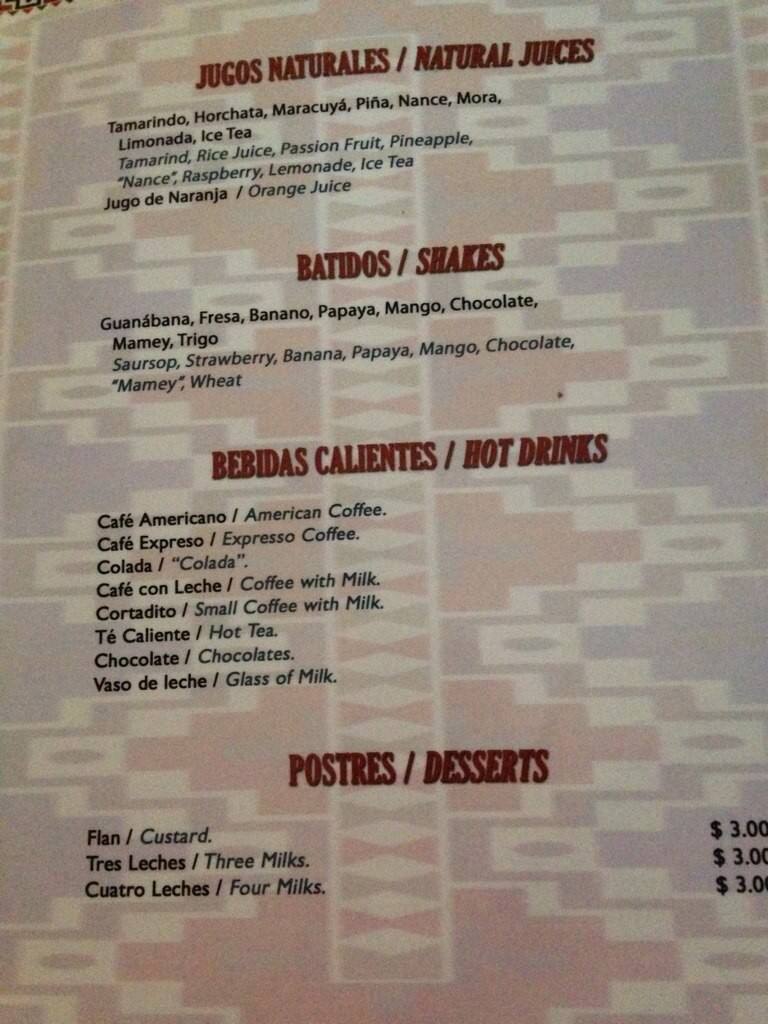 Menu at Patio Tipico restaurant, Miami Springs