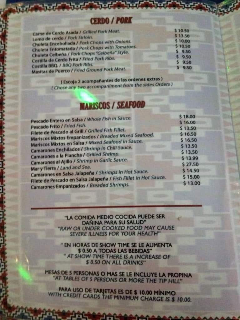 Menu at Patio Tipico restaurant, Miami Springs