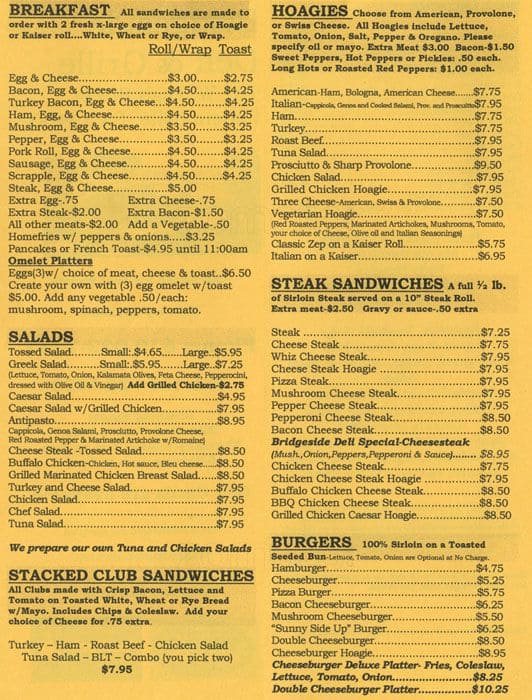 Menu at Bridgeside Deli & Grill restaurant, Phoenixville