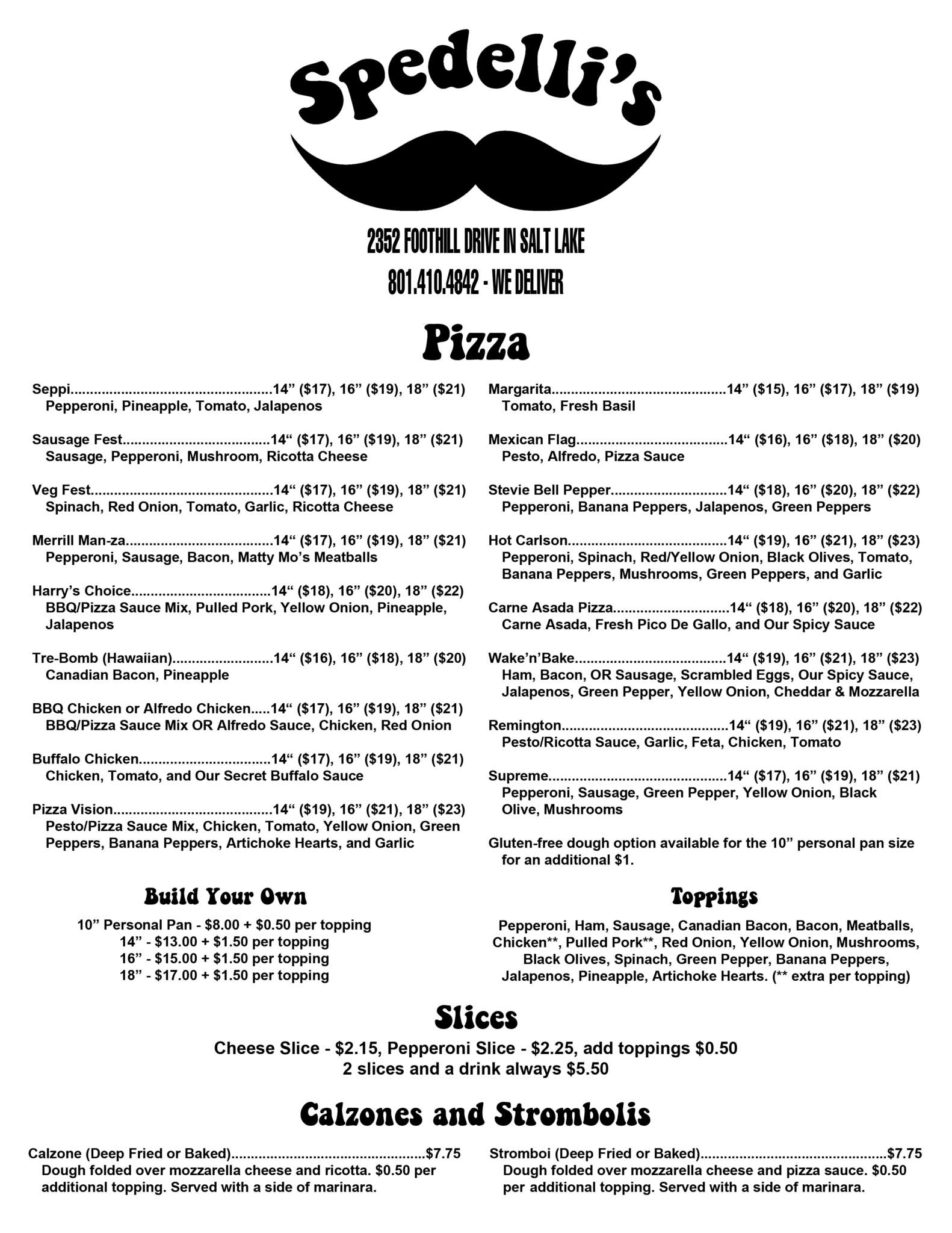 Spedelli's Menu, Menu for Spedelli's, Sugar House, Salt Lake City